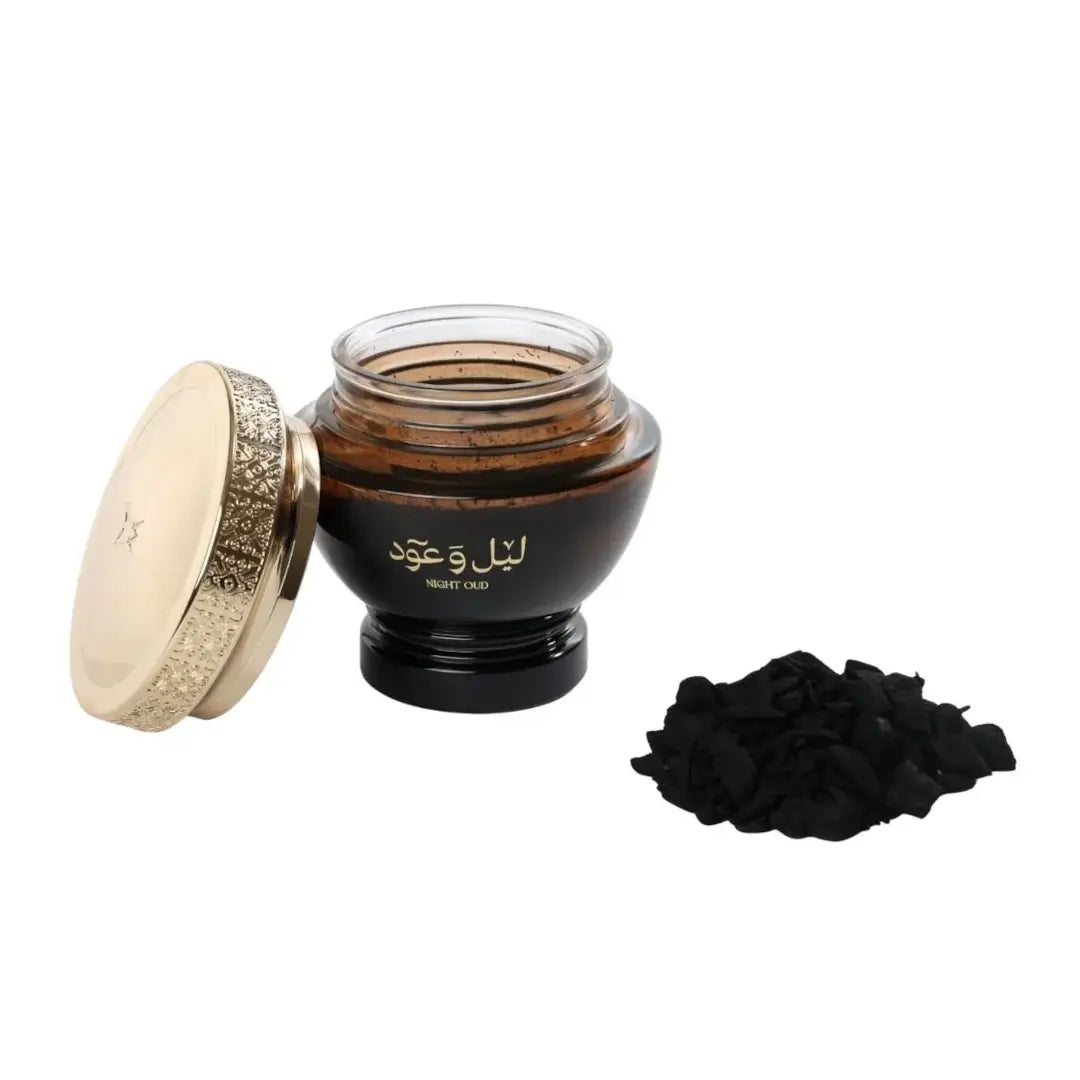 'Night & Oud' bakhour in a white background with 'Al Majed' branding