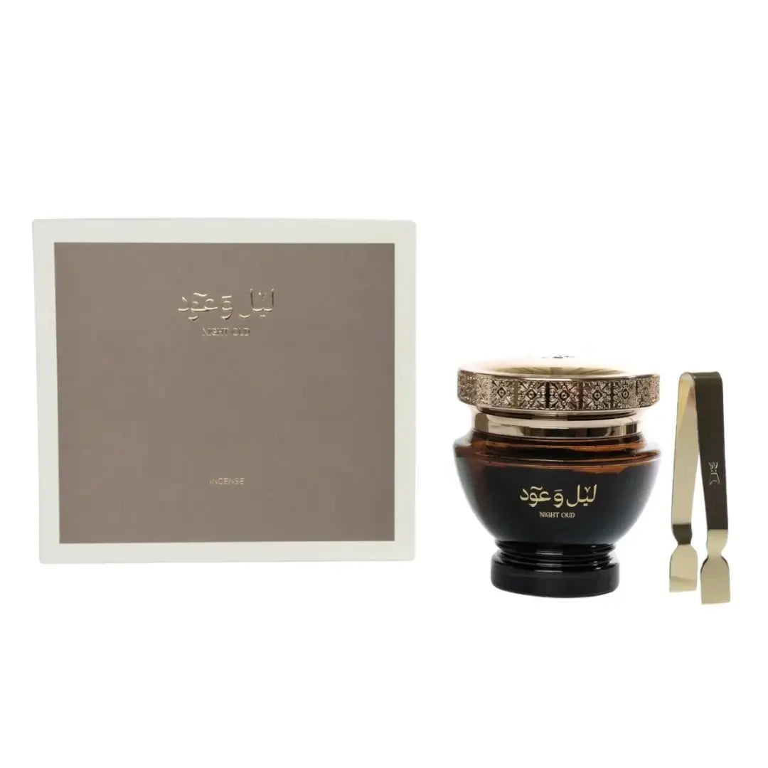 'Night & Oud' bakhour & packaging in a white background with 'Al Majed' branding