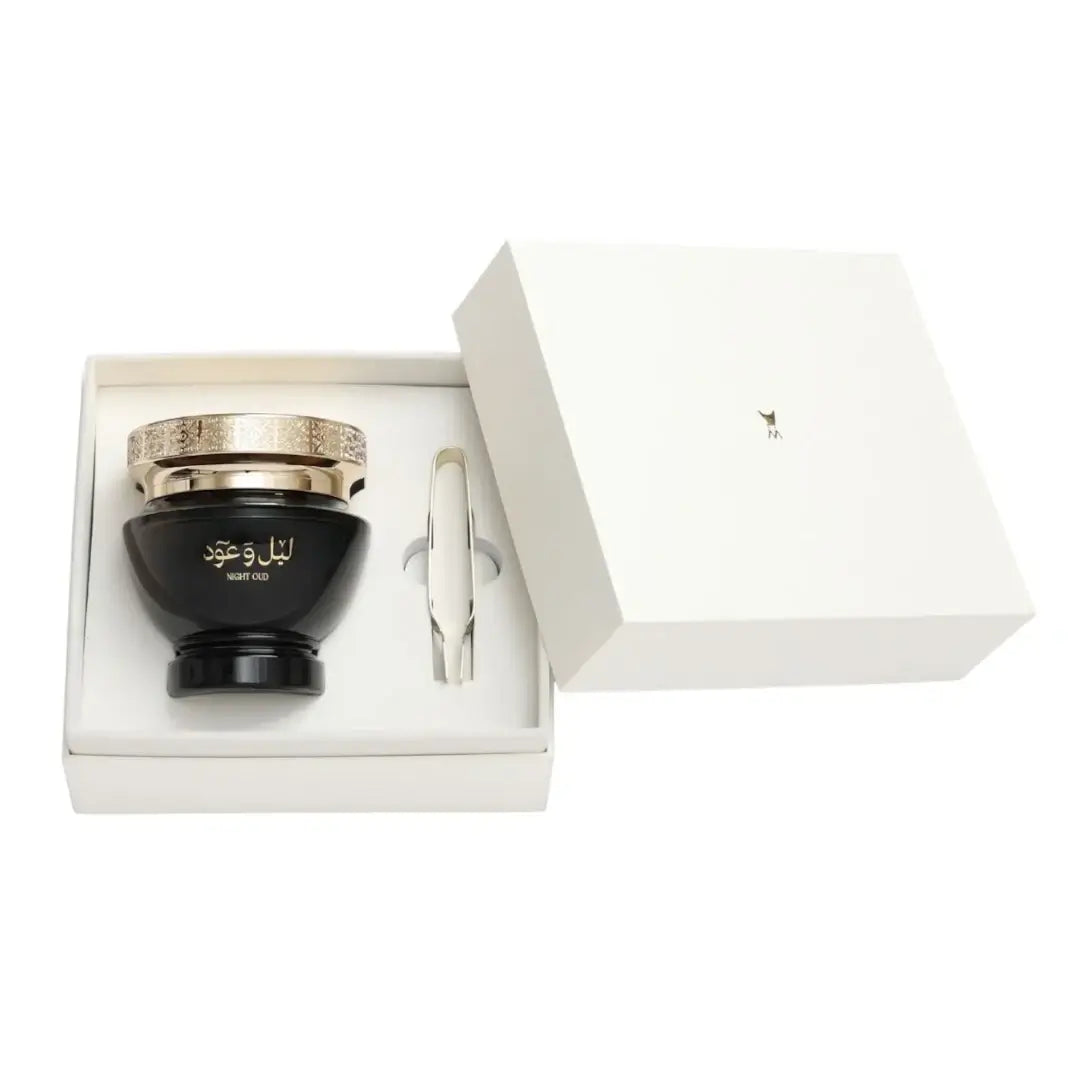 'Night & Oud' bakhour & packaging in a white background with 'Al Majed' branding