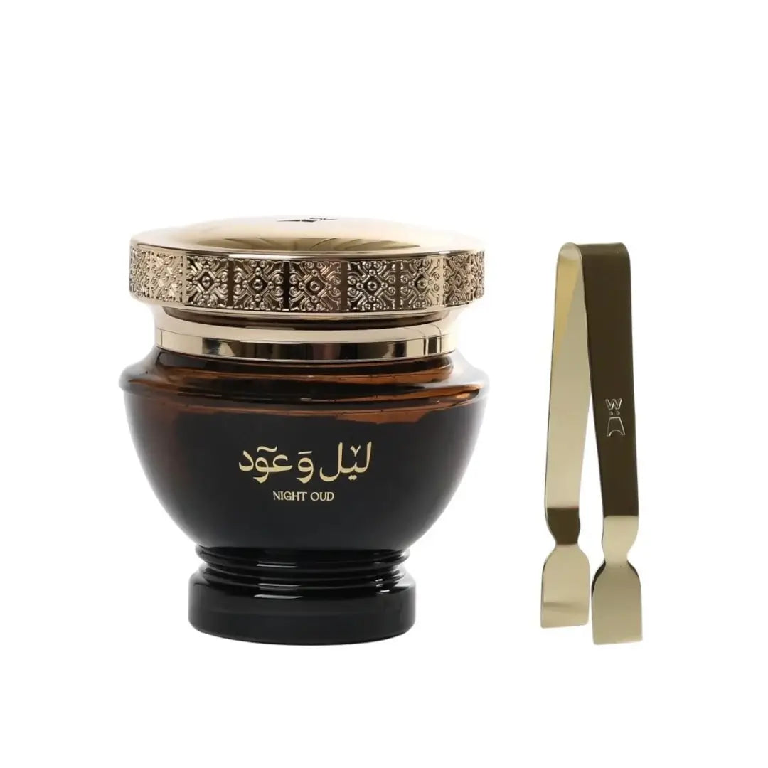 'Night & Oud' bakhour in a white background with 'Al Majed' branding