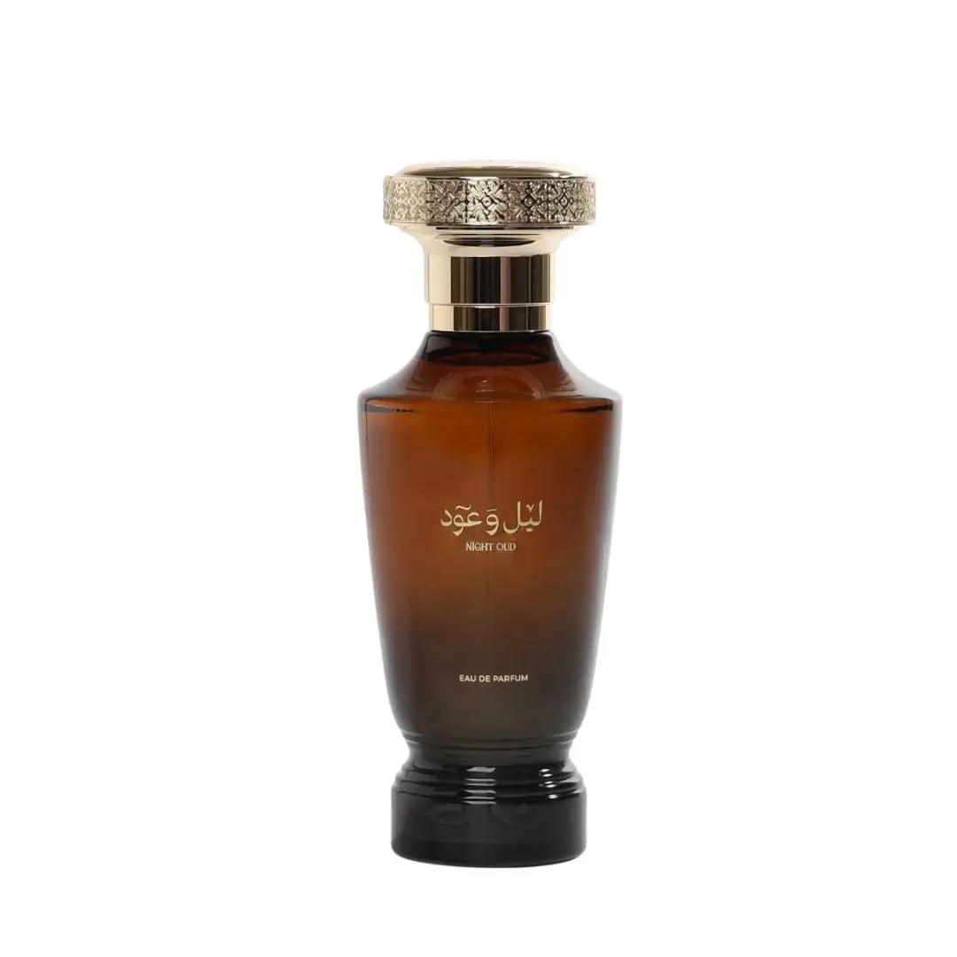 'Night & Oud' perfume bottle in a white background with 'Al Majed' branding