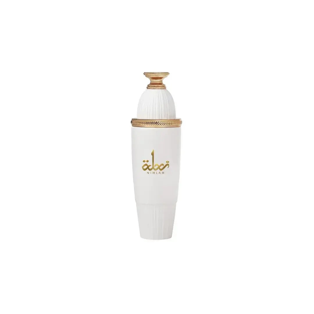 'Nihlah' perfume bottle in a white background with 'Ahmed Al Maghribi' branding