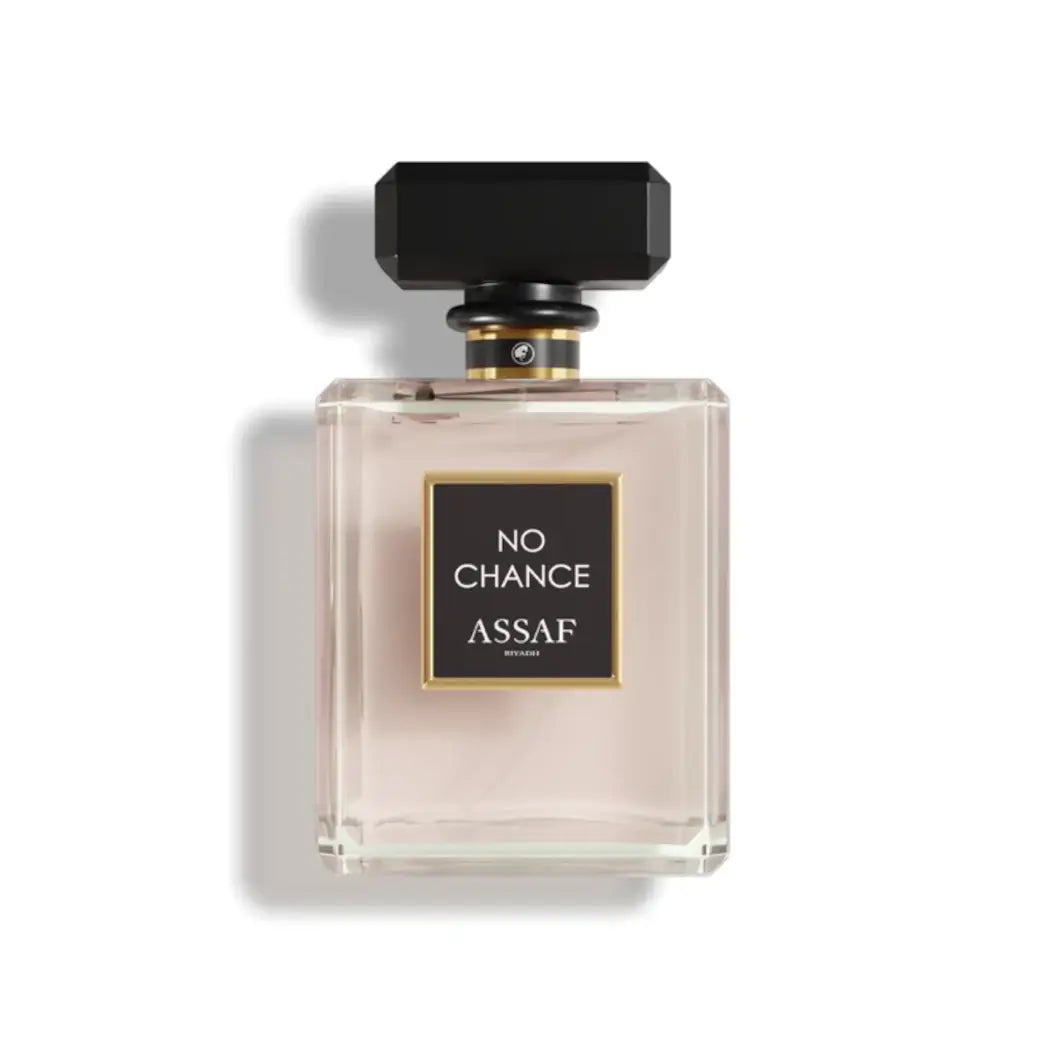 'No Chance' perfume bottle on a white background with 'Assaf' branding