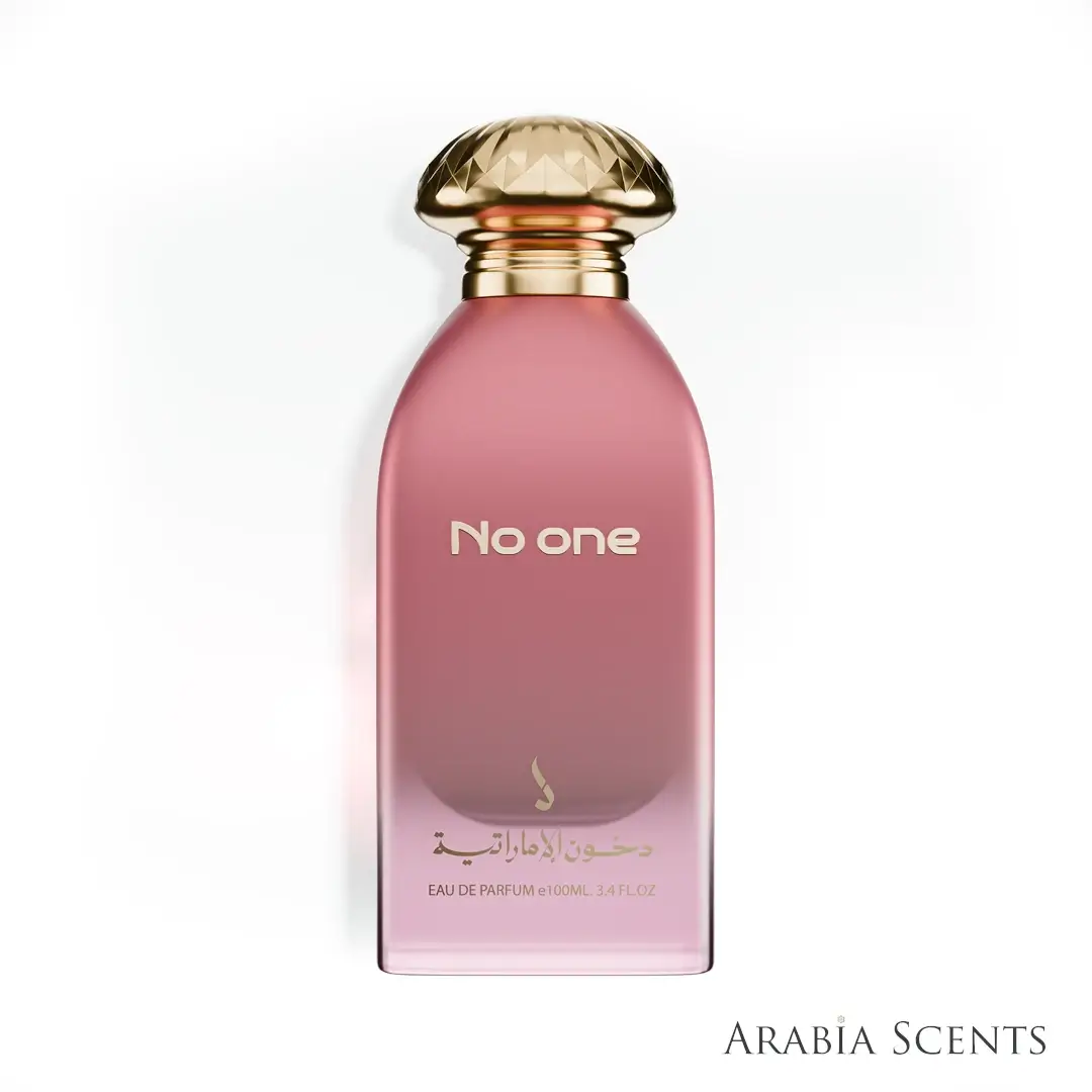 Pink perfume bottle with gold cap labeled 'No one' by Dkhoon Emirates featured by ArabiaScents on a white background