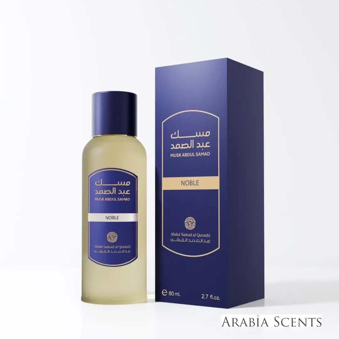 'Noble' Musk perfume bottle & packaging  on a white background with 'ASQ' branding featured by 'Arabiascents'