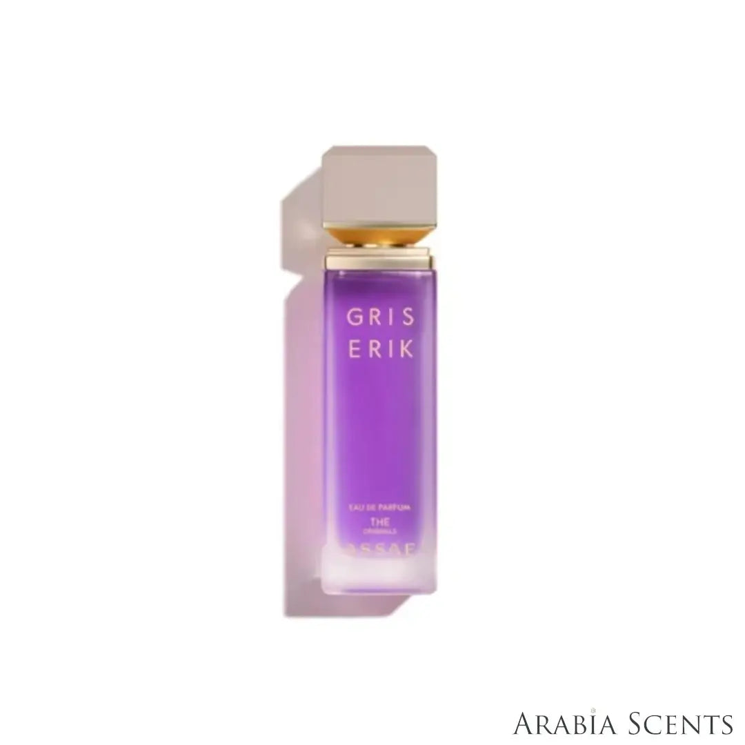'Gris Erik' perfume bottle on a white background with 'Assaf' branding featured by 'Arabiascents' 