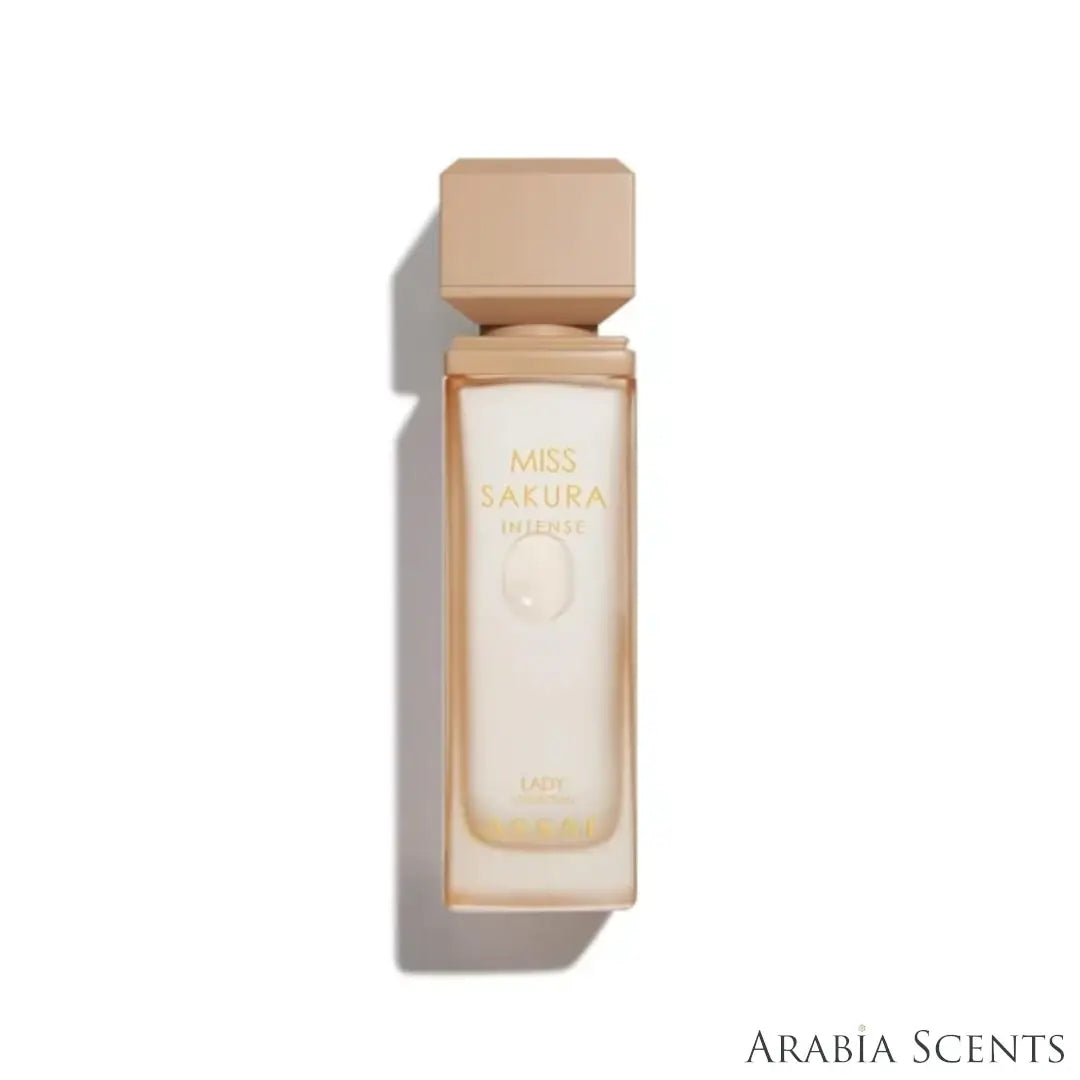 'Miss Sakura' perfume bottle on a white background with 'Assaf' branding featured by 'Arabiascents' 