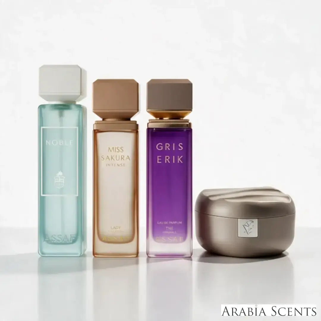 'Noble Powder Collection' set on a white background with 'Assaf' branding featured by 'Arabiascents' 