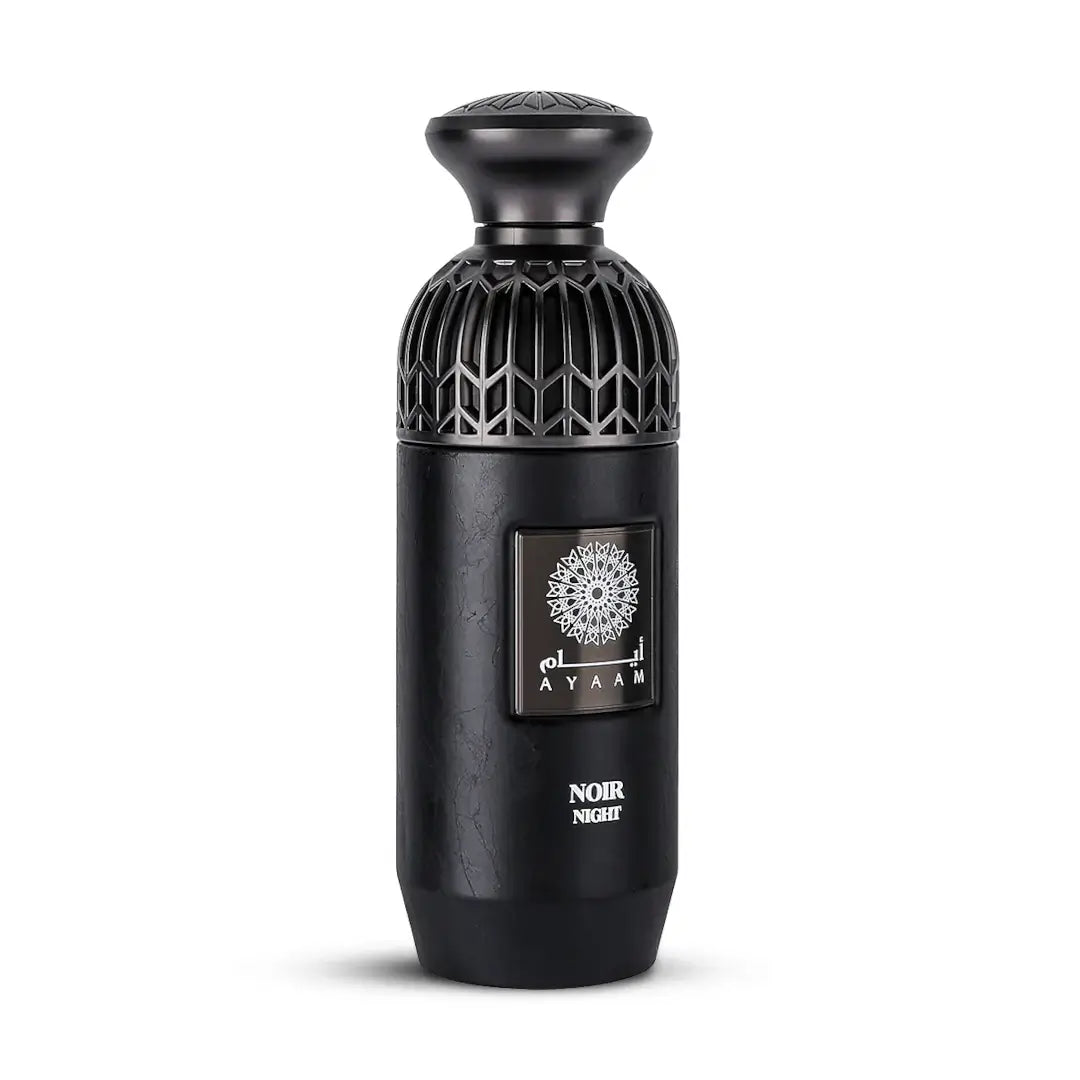 'Noir Night' Black perfume bottle with 'Ayaam' branding on a white background