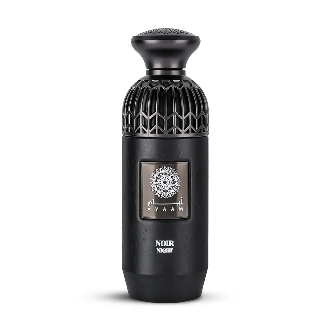 'Noir Night' Black perfume bottle with 'Ayaam' branding on a white background