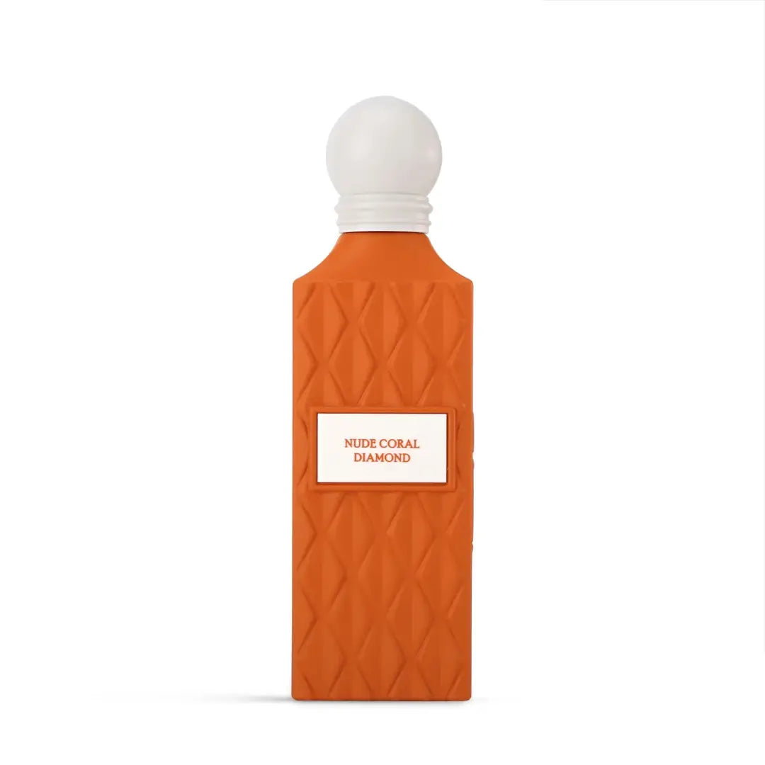Nude Coral Diamond perfume bottle with white cap on a white background with Ibraq branding