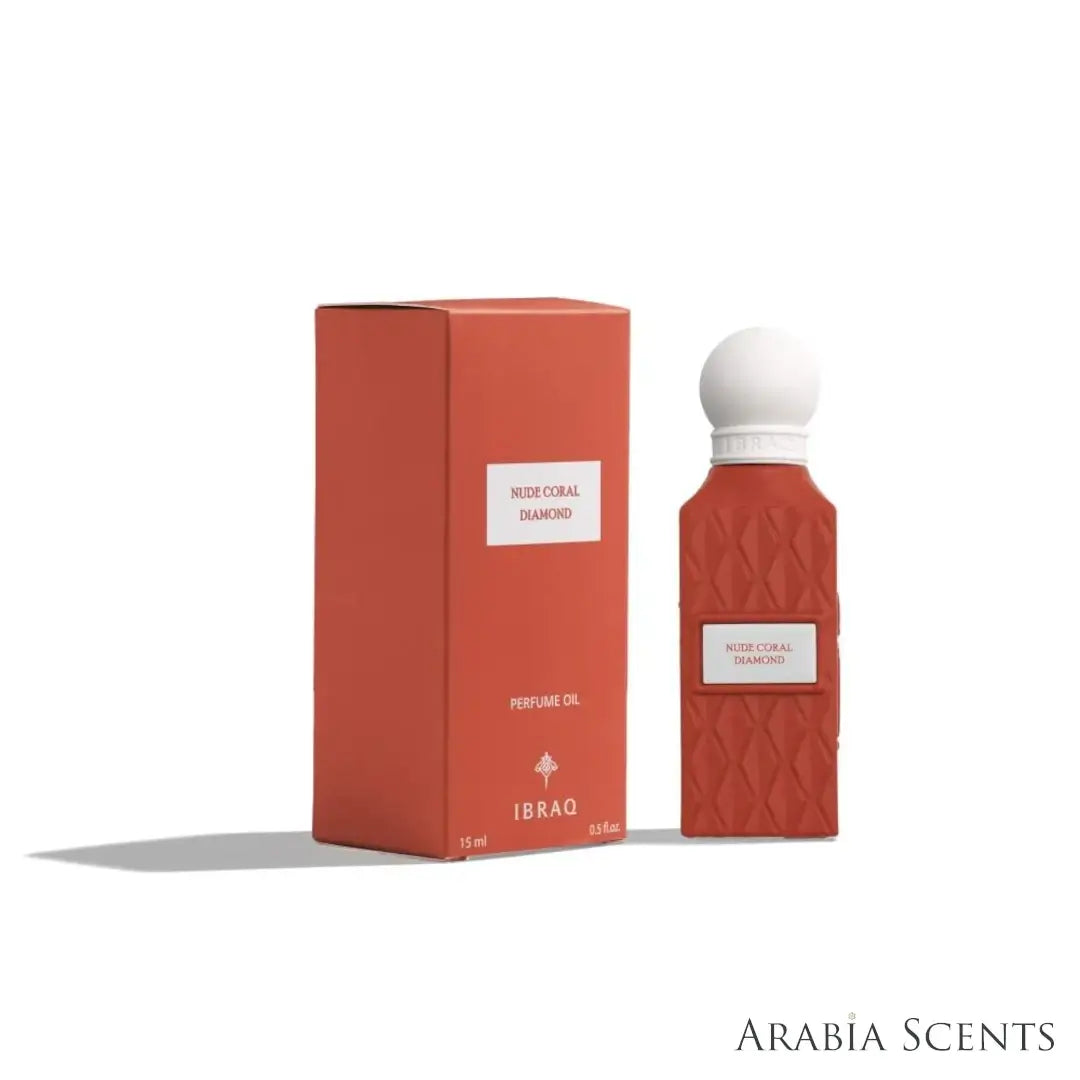 'Nude Coral Diamond' oil perfume bottle & packaging on a white background with 'IBRAQ' branding featured by 'Arabiascents'