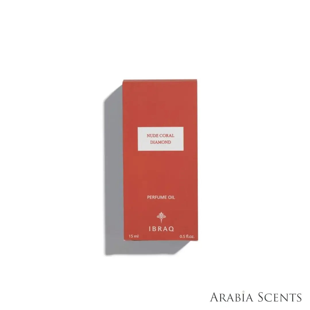 'Nude Coral Diamond' oil perfume packaging on a white background with 'IBRAQ' branding featured by 'Arabiascents'