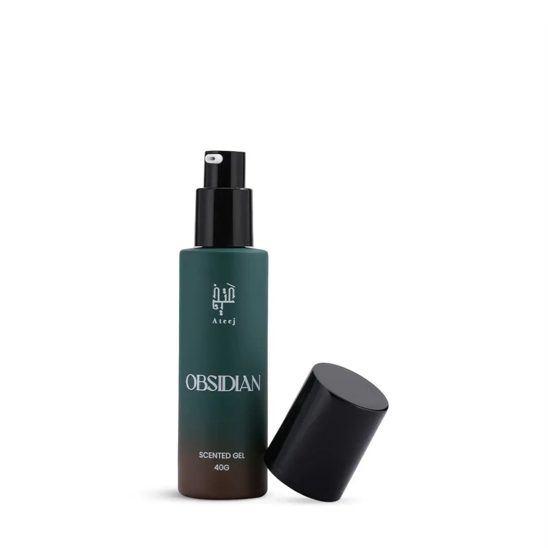 'Obsidian' Scented gel in a white background with 'Ateej' branding