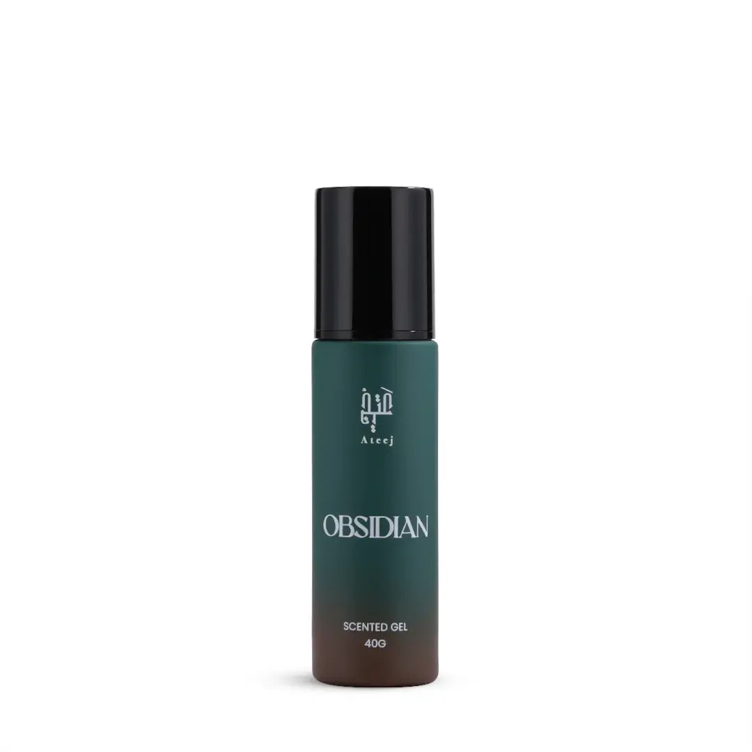 'Obsidian' Scented gel in a white background with 'Ateej' branding