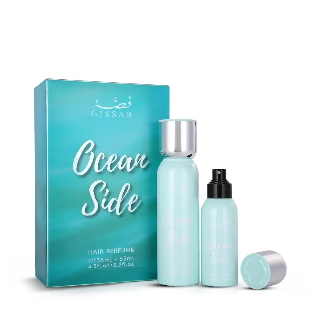 Gissah Ocean Side hair perfume set with packaging on a white background