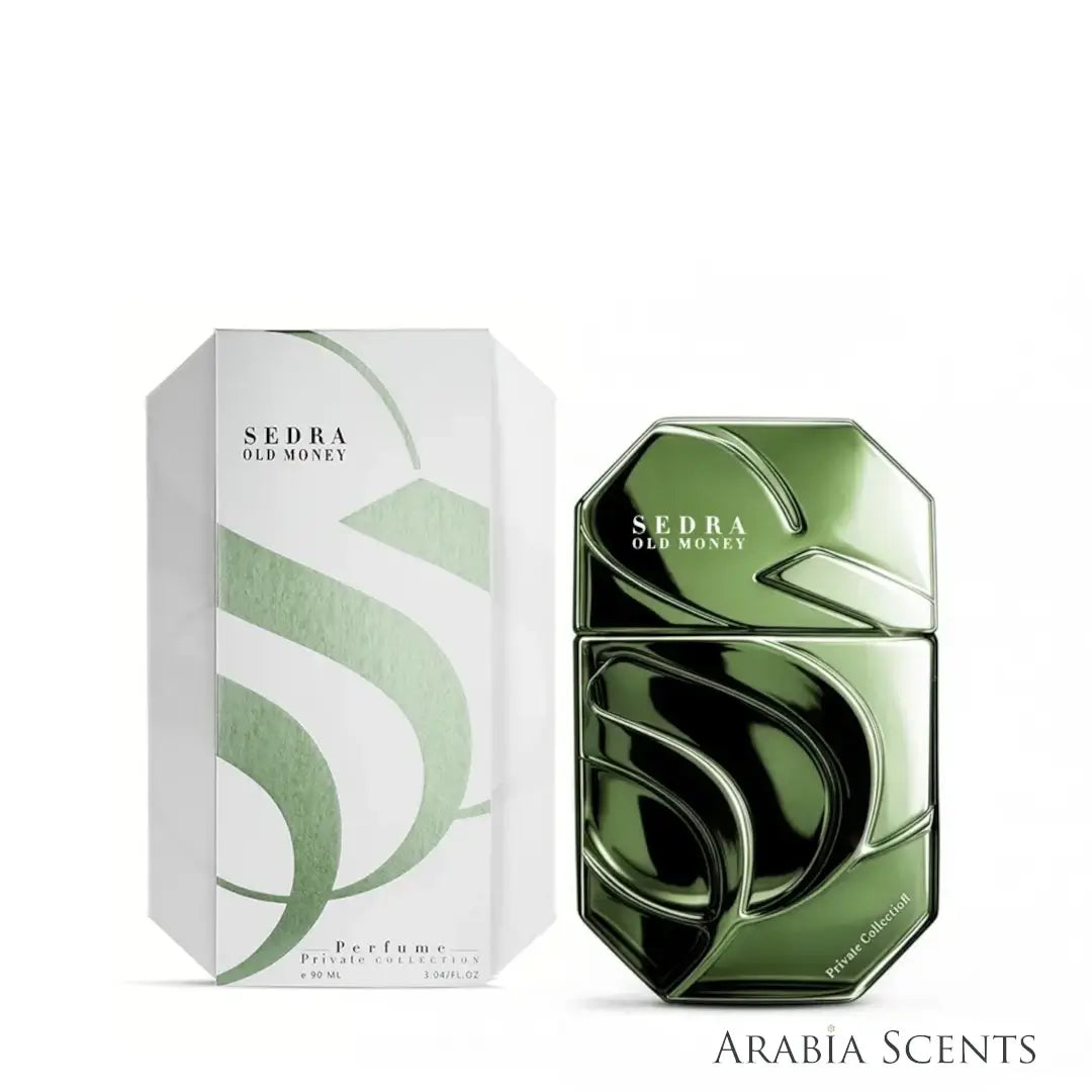 Sedra Old Money perfume bottle and its packaging box, featuring a metallic olive green bottle with a stylized wave design and a white box with a light green wave graphic. Featured on 'ARABIASCENTS'.