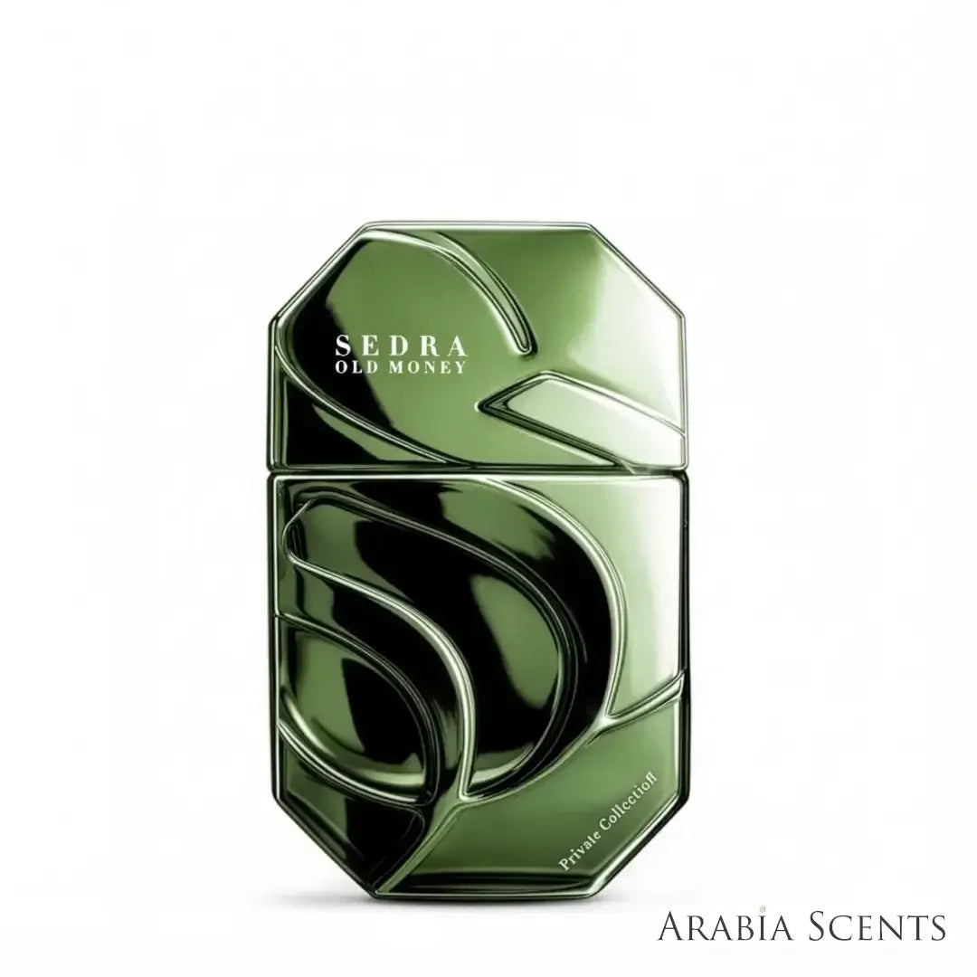 A green faceted perfume bottle labeled 'SEDRA OLD MONEY' on a white background, featured by 'ARABIASCENTS'