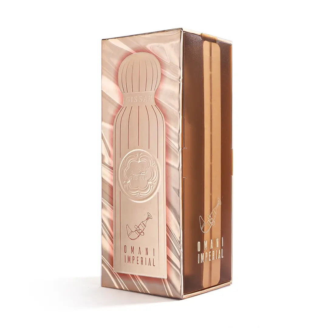 Omani Imperial perfume bottle packaging on a white background branded Gissah