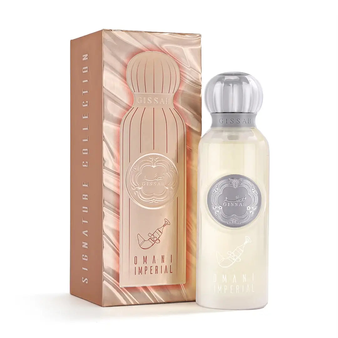 Perfume bottle and packaging with 'Omani Imperial' branding on a white background by Gissah