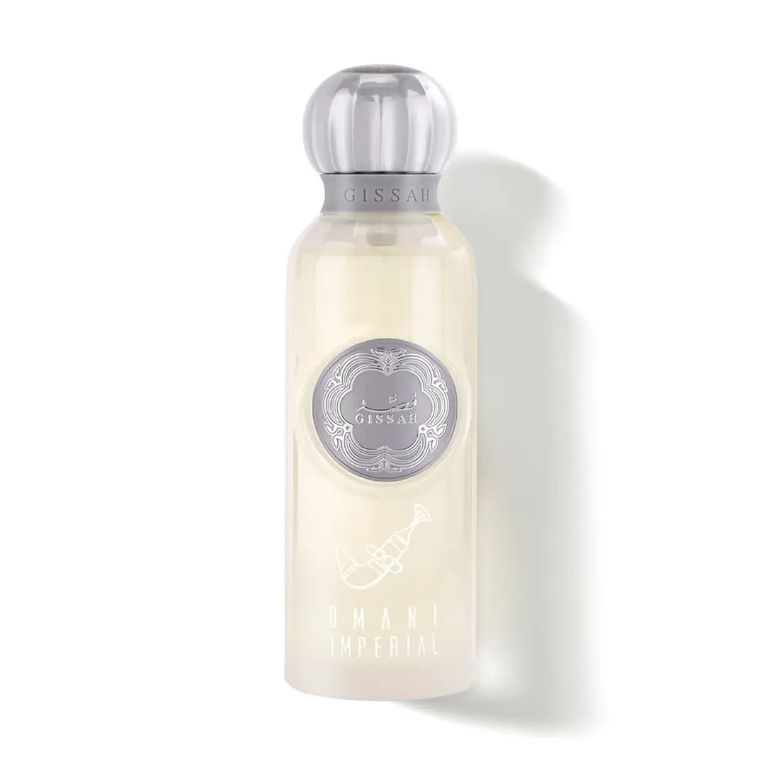 Gissah 'Omani Imperial' perfume bottle with silver cap and label on a white background