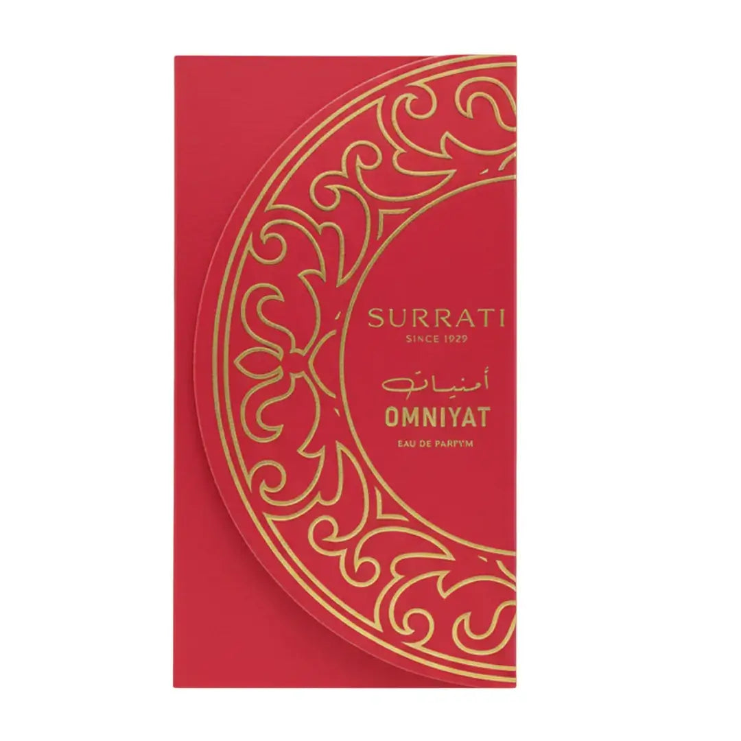 'Omniyat' perfume packaging on a white background with 'Surrati' branding