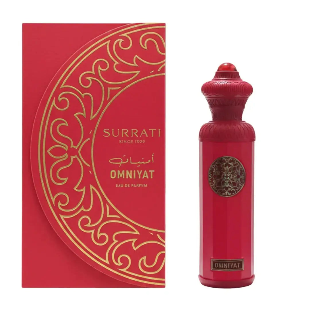 'Omniyat' perfume bottle & packaging on a white background with 'Surrati' branding