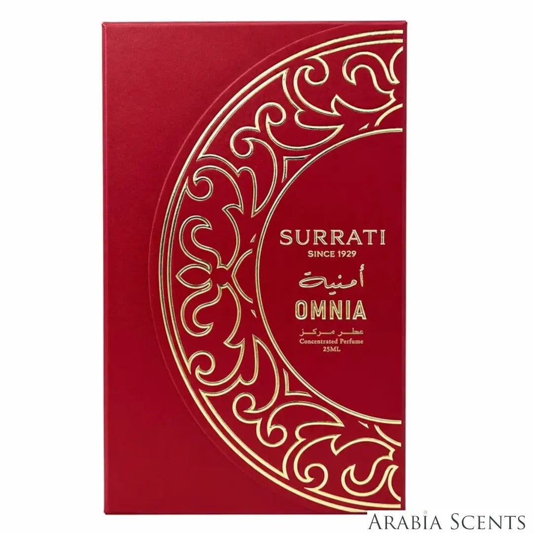 'Omniyat' perfume oil packaging on a white background with 'Surrati' branding featured by 'Arabiascents'