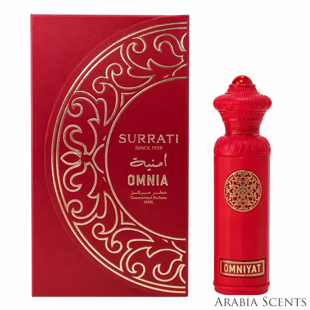'Omniyat' perfume oil bottle & packaging on a white background with 'Surrati' branding featured by 'Arabiascents'