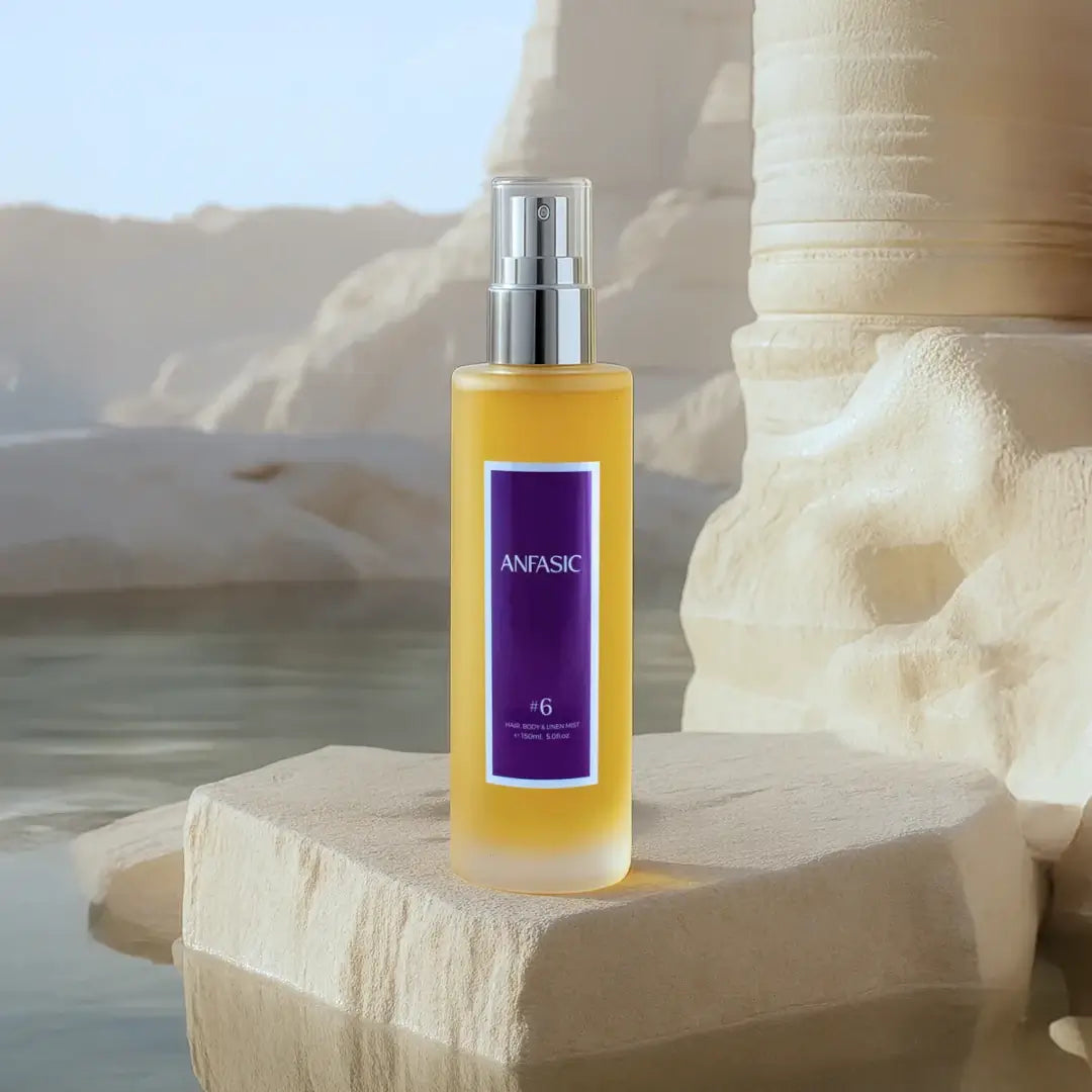 'One Time Shay #6' hair & body linen mist perfume bottle on a white background with 'Anfasic' branding