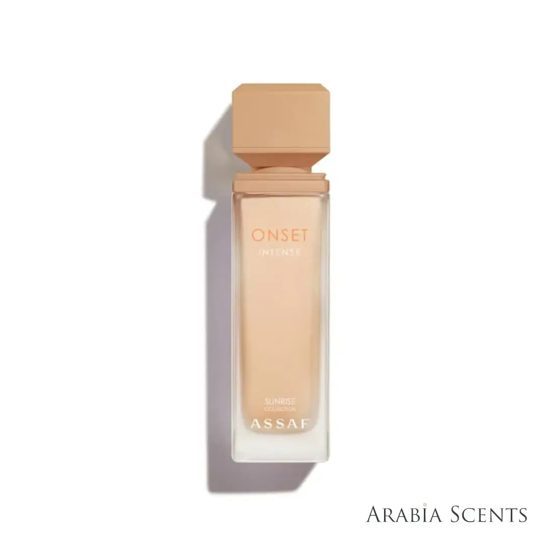 'Onset Intense' perfume bottle on a white background with 'Assaf' branding featured by 'Arabiascents'
