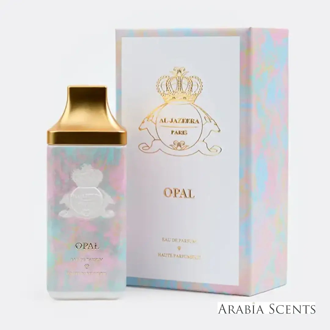 'Opal' perfume bottle & packaging on a white background with 'Al Jazeera' branding featured by 'Arabiascents'