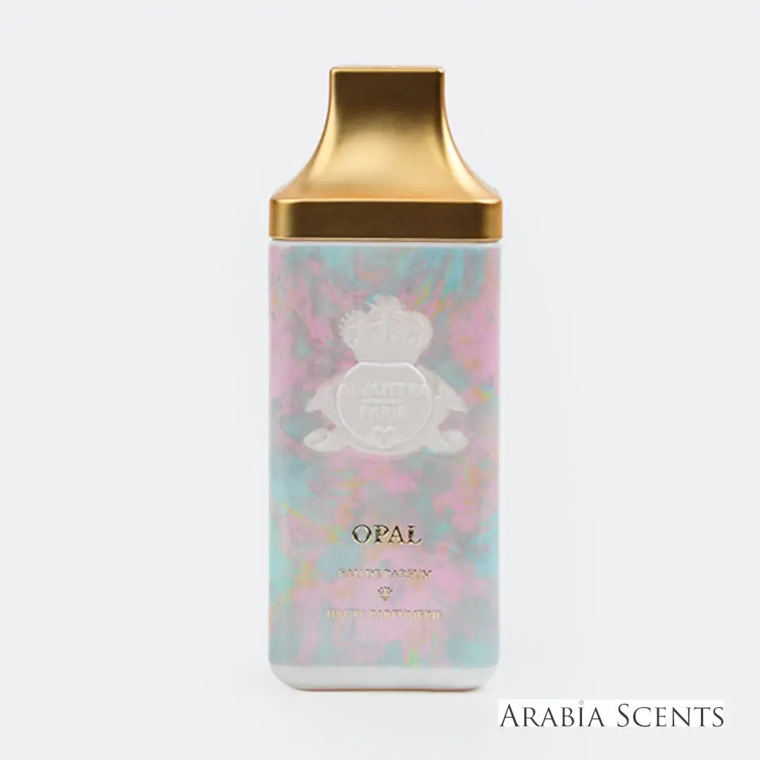 'Opal' perfume bottle on a white background with 'Al Jazeera' branding featured by 'Arabiascents'