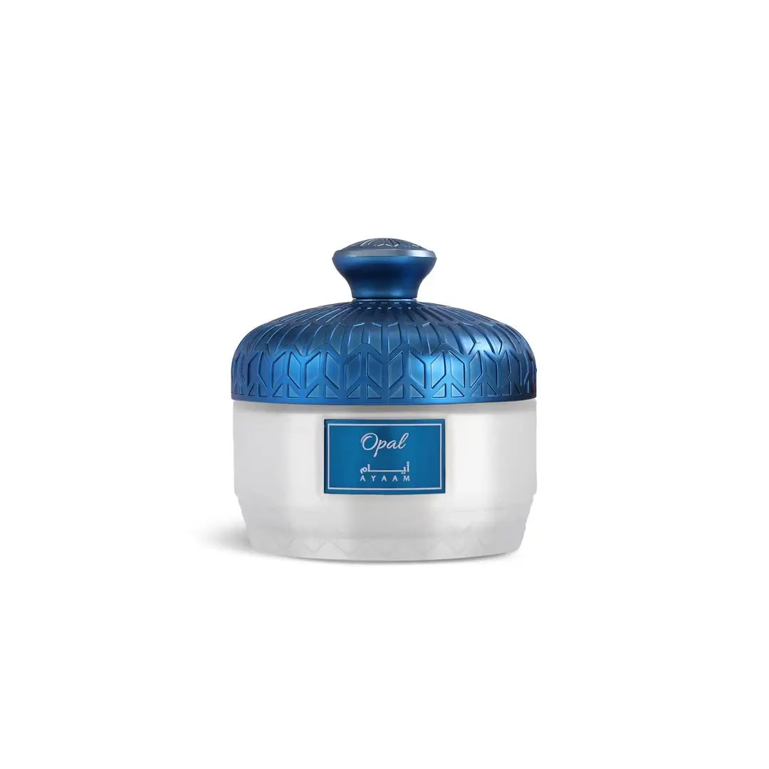 'Opal Body Powder' in a white background with 'Ayaam' branding