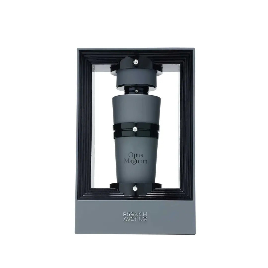 Opus Magnum Perfume by French Avenue in a black frame on a white background