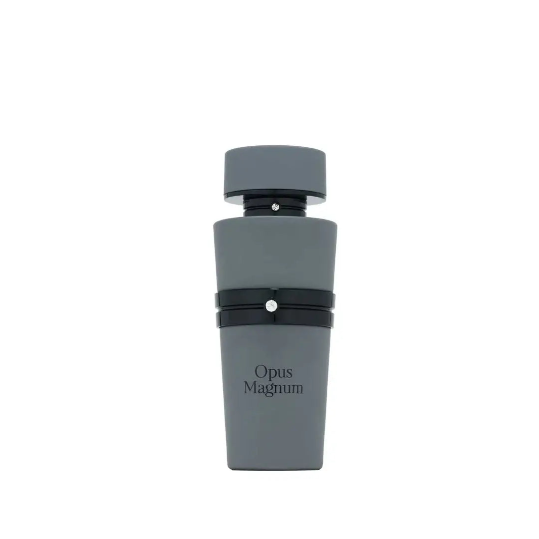 Gray bottle labeled 'Opus Magnum' by French Avenue on a white background