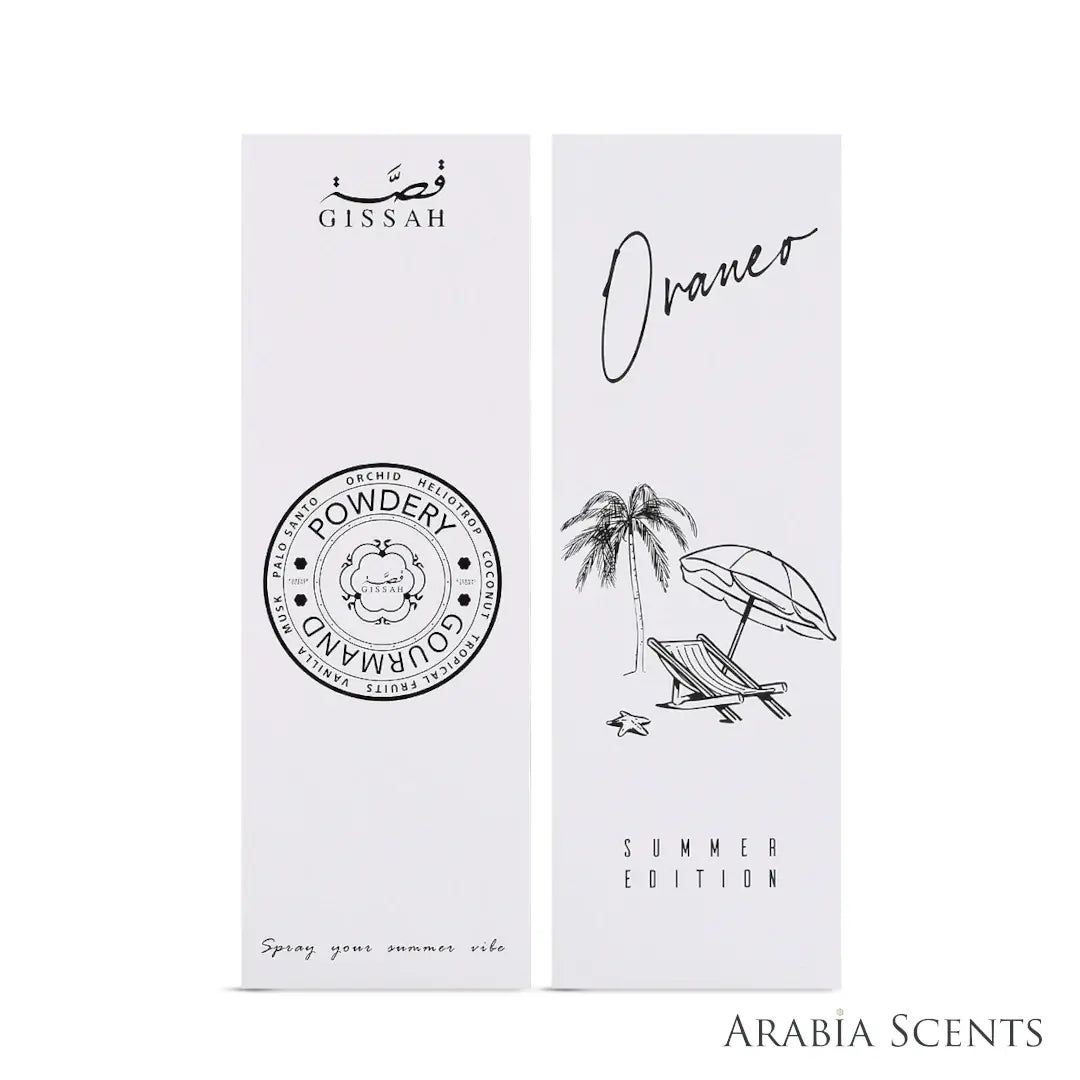 'Oraneo Summer Edition' packaging on a white background with 'Gissah' branding featured by 'Arabiascents'