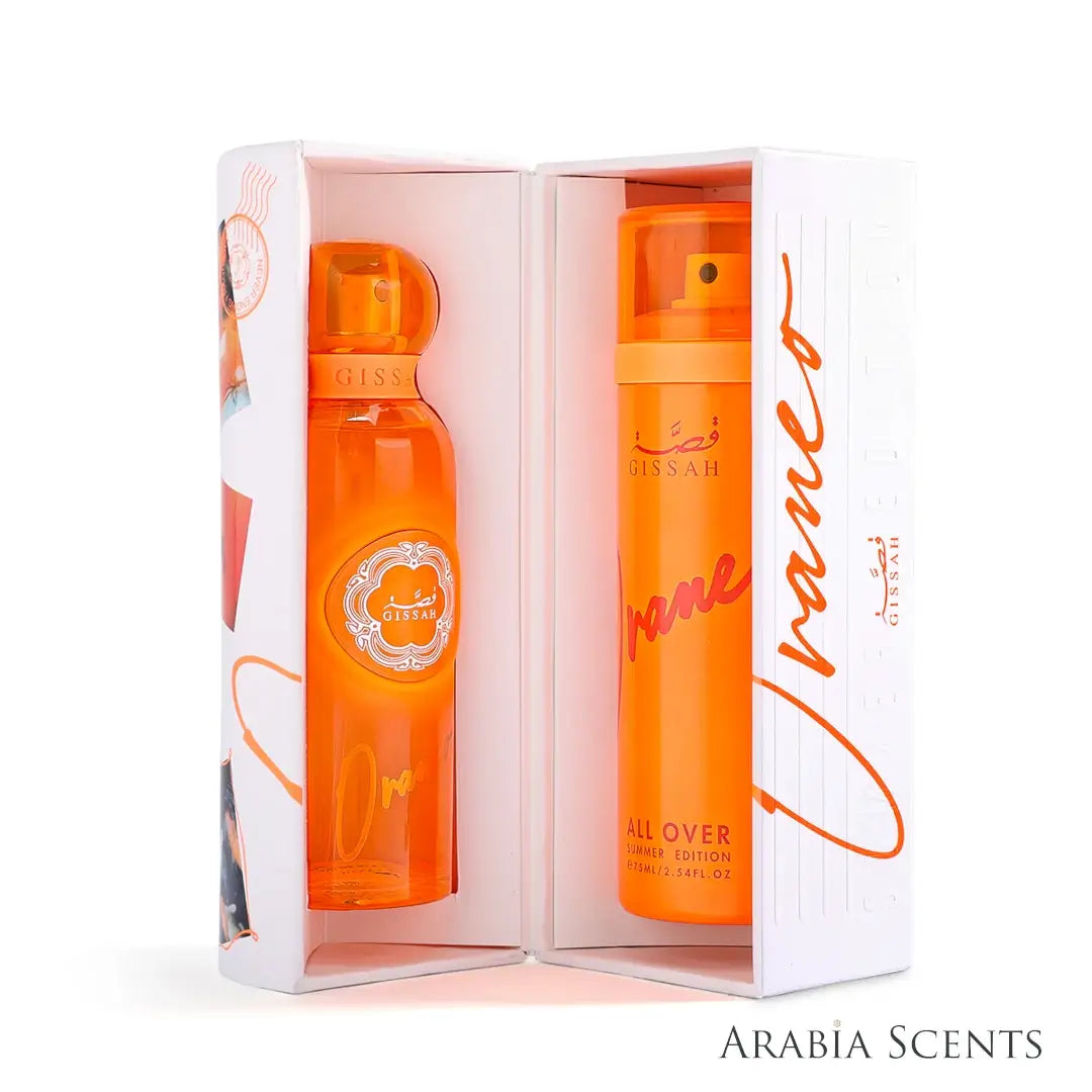 'Oraneo Summer Edition' perfume bottle & all over spray with packaging on a white background with 'Gissah' branding featured by 'Arabiascents'
