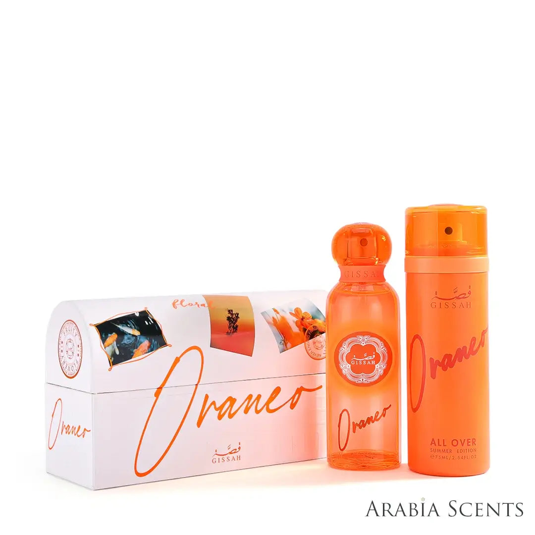 'Oraneo Summer Edition' perfume bottle & all over spray with packaging on a white background with 'Gissah' branding featured by 'Arabiascents'