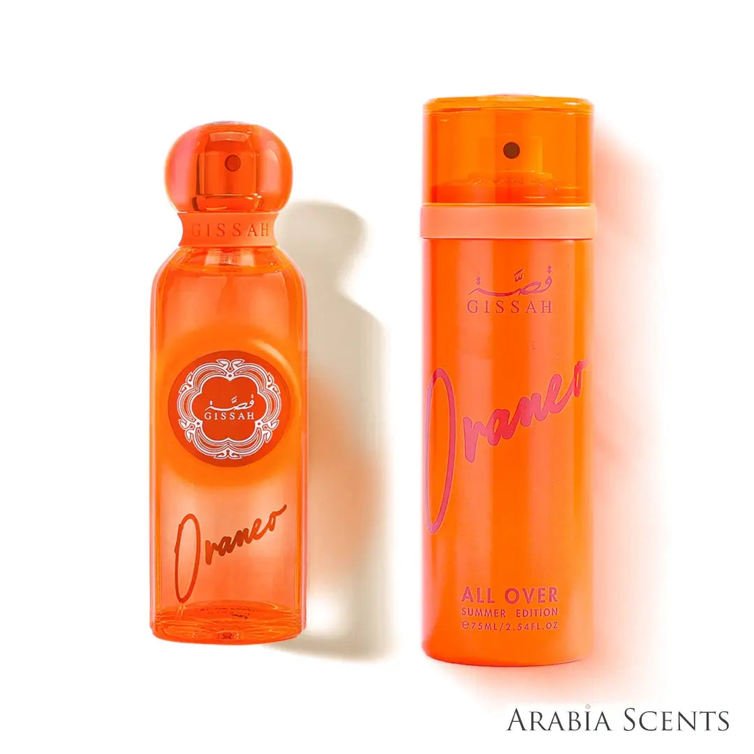 'Oraneo Summer Edition' perfume bottle & all over spray on a white background with 'Gissah' branding featured by 'Arabiascents'