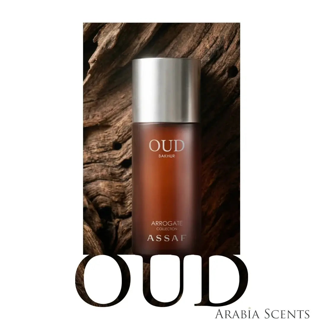 'Oud Bakhur' Brown perfume bottle with silver cap on a wooden background with Assaf branding featured on ArabiaScents
