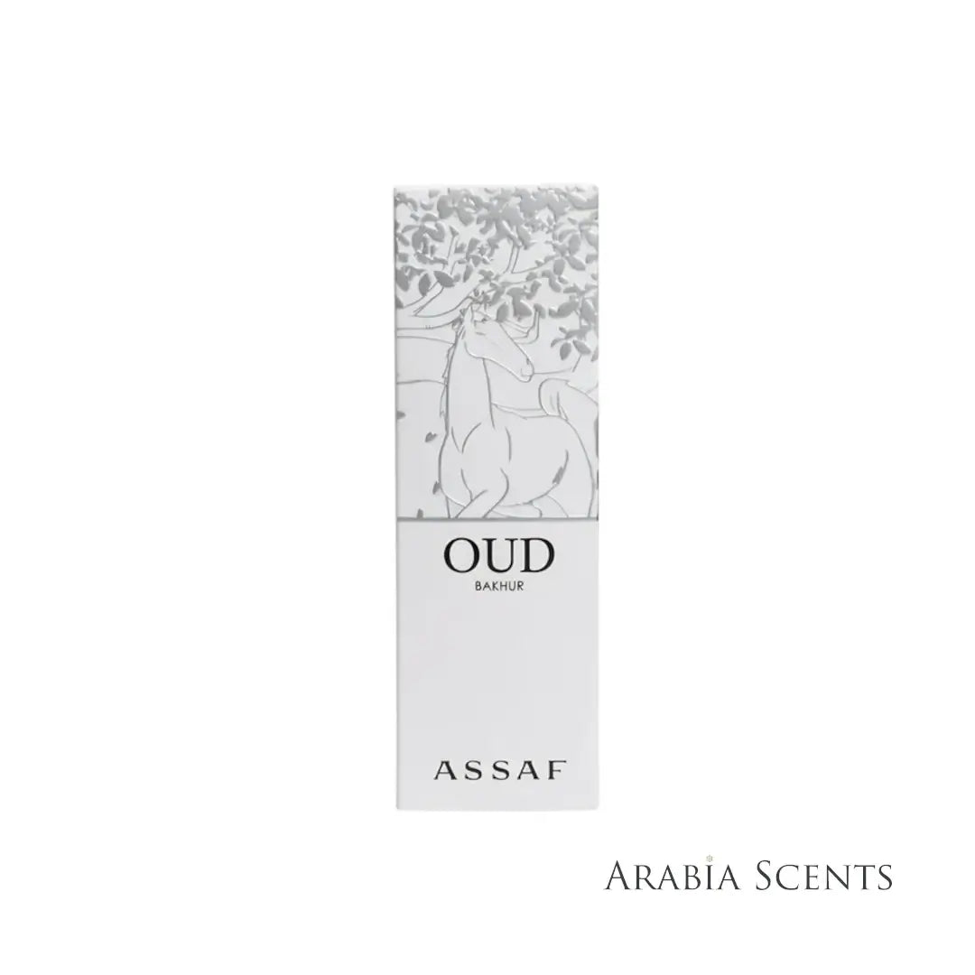 Assaf Oud Bakhur perfume bottle with decorative label on a white background featured by ArabiaScents
