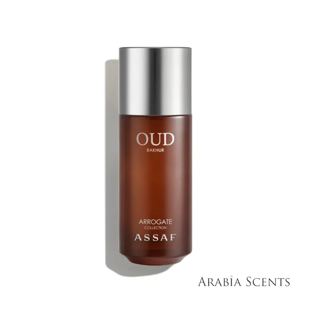 Brown bottle with silver cap labeled 'Oud Bakhur' ARROGATE COLLECTION by ASSAF on a white background featured by ArabiaScents
