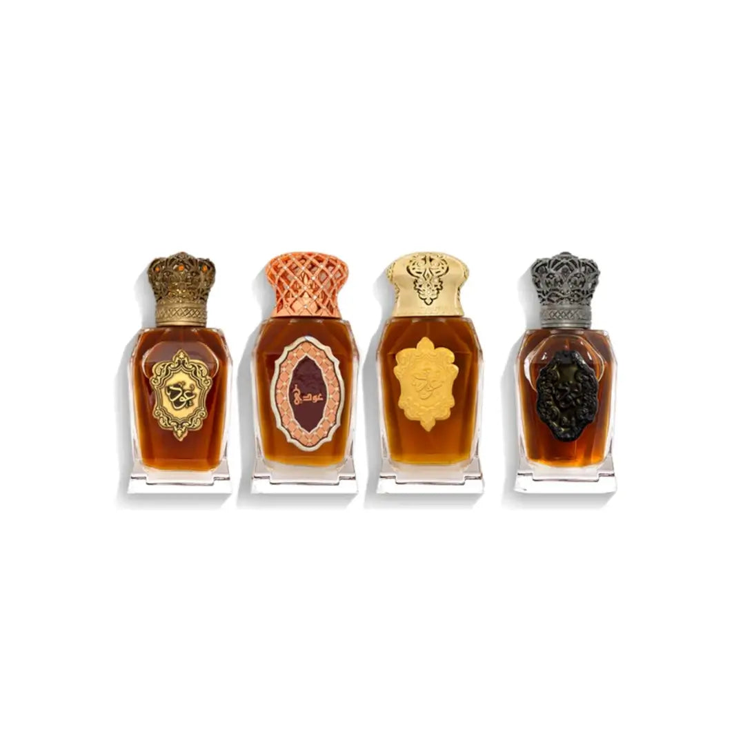 'Oud Collection' perfume bottles with decorative caps on a white background with 'Junaid' branding