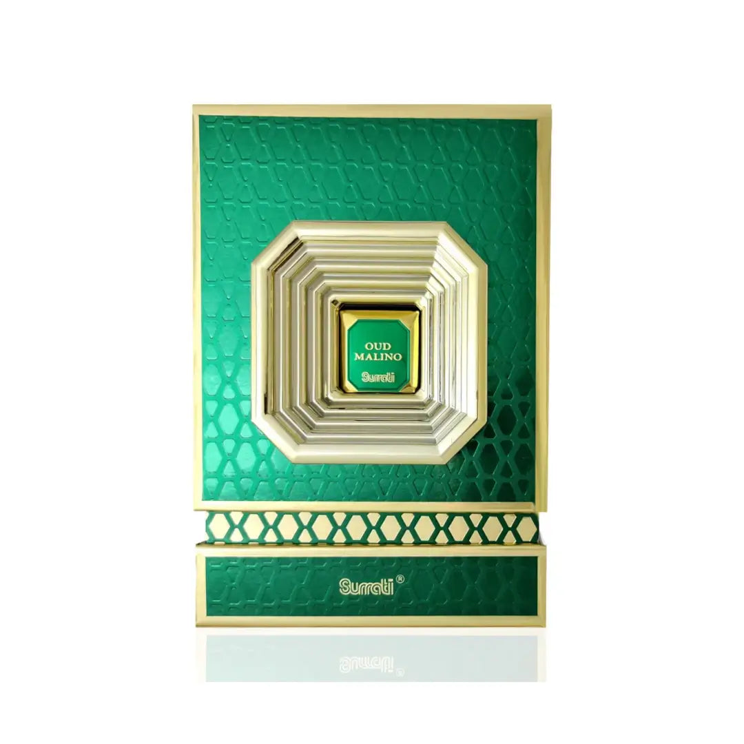 'Oud Malino' Green and gold decorative box with intricate design on a white background branded Surrati
