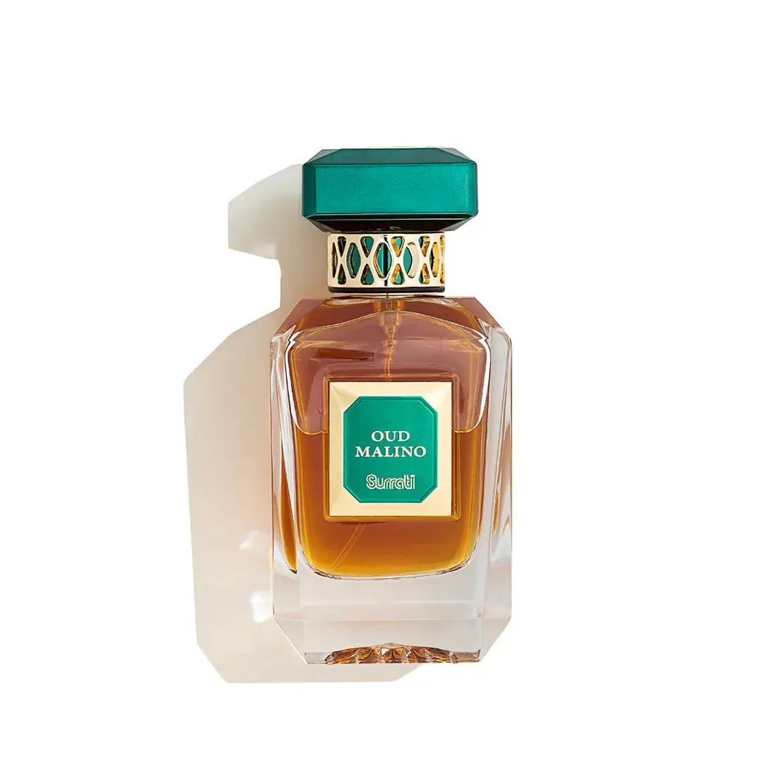 'Oud Malino' Perfume bottle with green cap and label on a white background branded Surrati