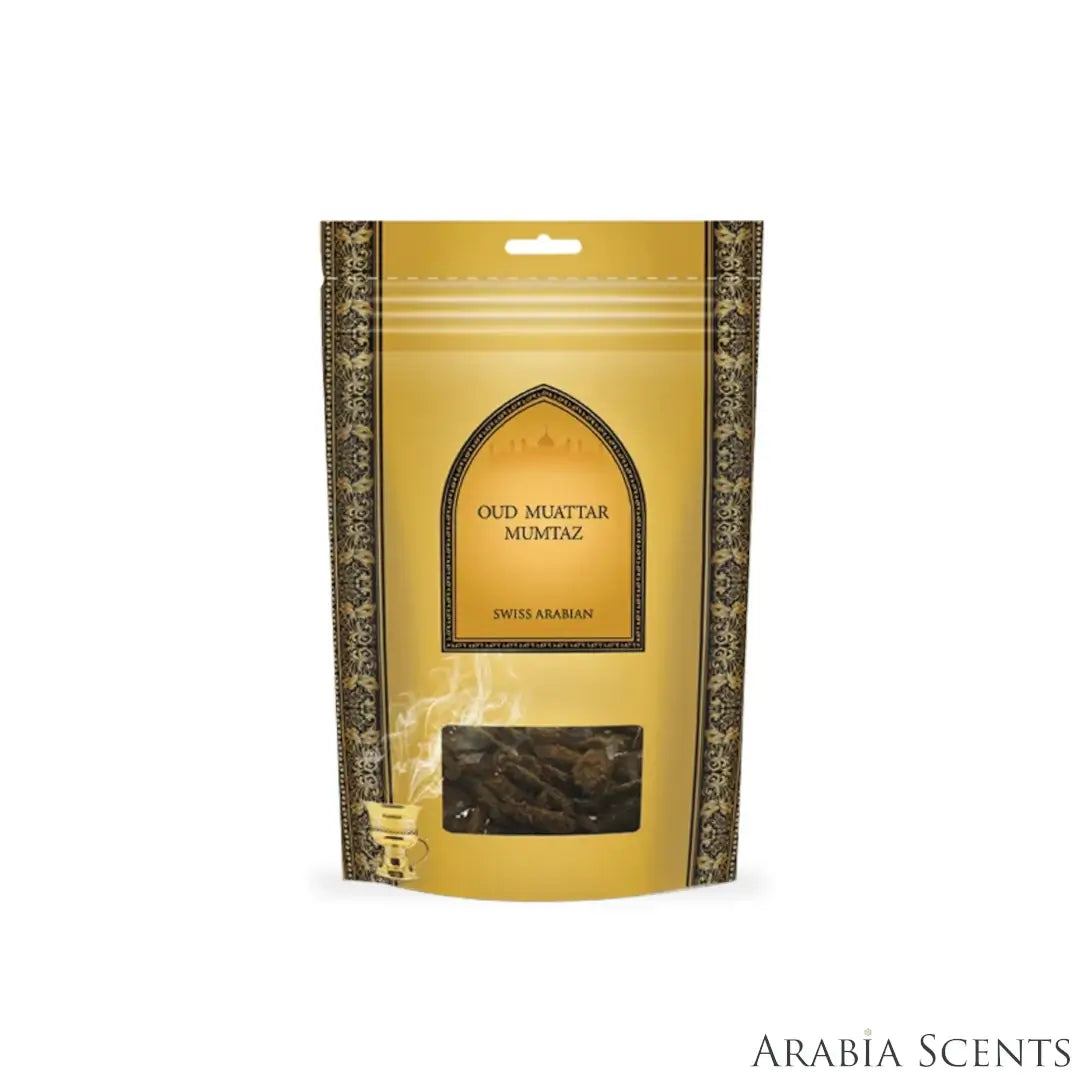 'Oud Muattar Mumtaz' incense bag on a white background with 'Swiss Arabian' branding featured by 'Arabiascents'