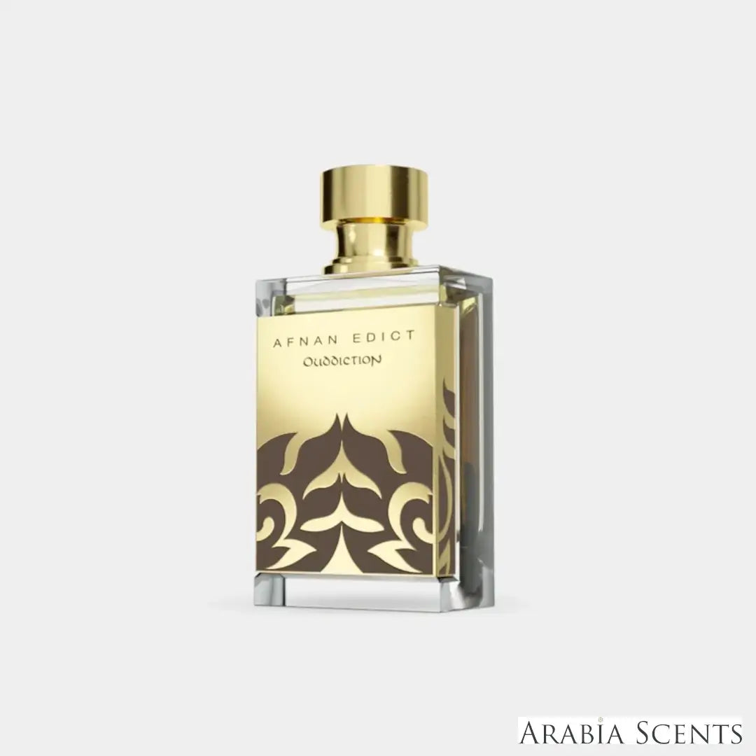'Ouddiction Afnan Edict' perfume bottle on a white background with 'Afnan' branding featured by 'Arabiascents'