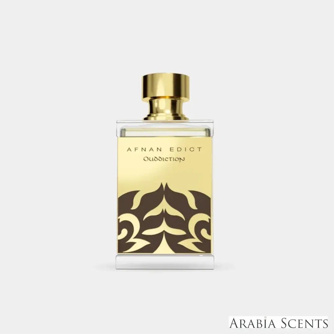 'Ouddiction Afnan Edict' perfume bottle on a white background with 'Afnan' branding featured by 'Arabiascents'