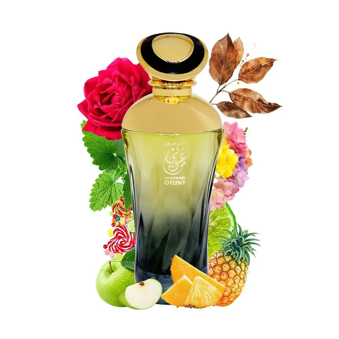 Oyuny Perfume bottle with floral and fruit elements on a white background branded Al Haramain